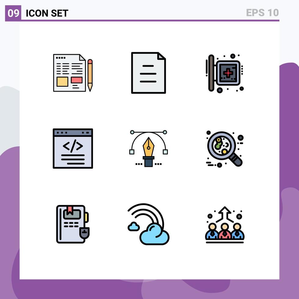 9 paquete de color plano de línea de relleno de interfaz de usuario de signos y símbolos modernos de elementos de diseño de vector editables de navegador de codificación de hospital html de pluma