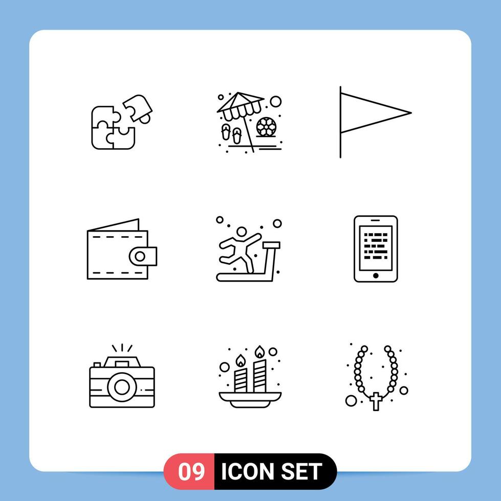 Universal Icon Symbols Group of 9 Modern Outlines of exercise purse vacation money mark Editable Vector Design Elements