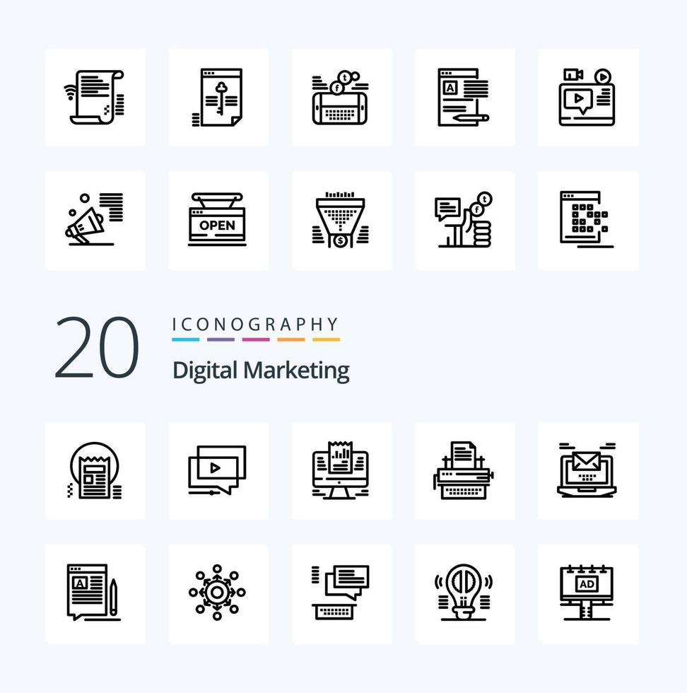 20 Digital Marketing Line icon Pack like type typewriter video data laptop vector