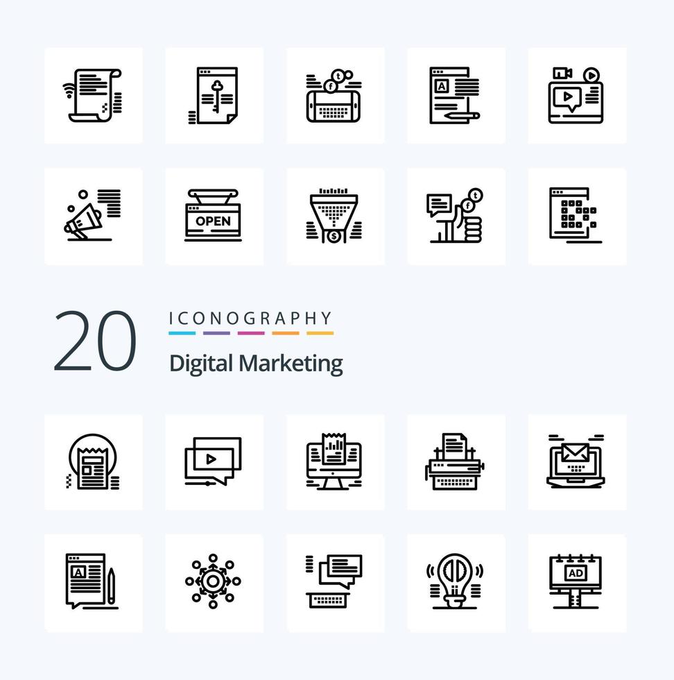 20 Digital Marketing Line icon Pack like type typewriter video data laptop vector