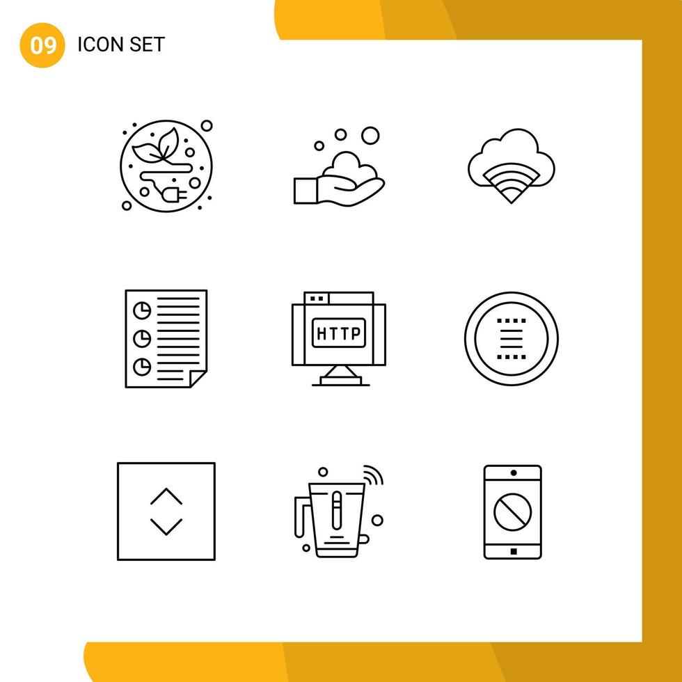 User Interface Pack of 9 Basic Outlines of http report connection page document Editable Vector Design Elements