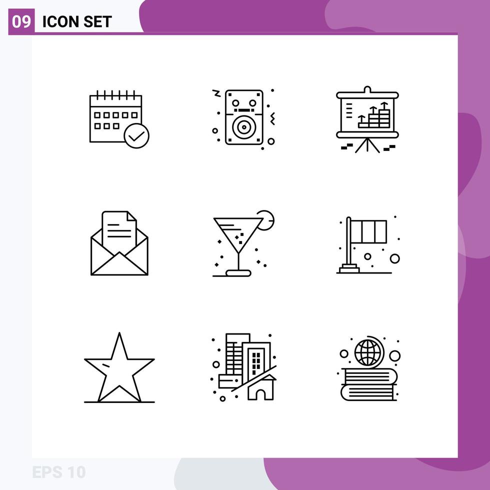 9 Thematic Vector Outlines and Editable Symbols of mail projector songs graph chart Editable Vector Design Elements