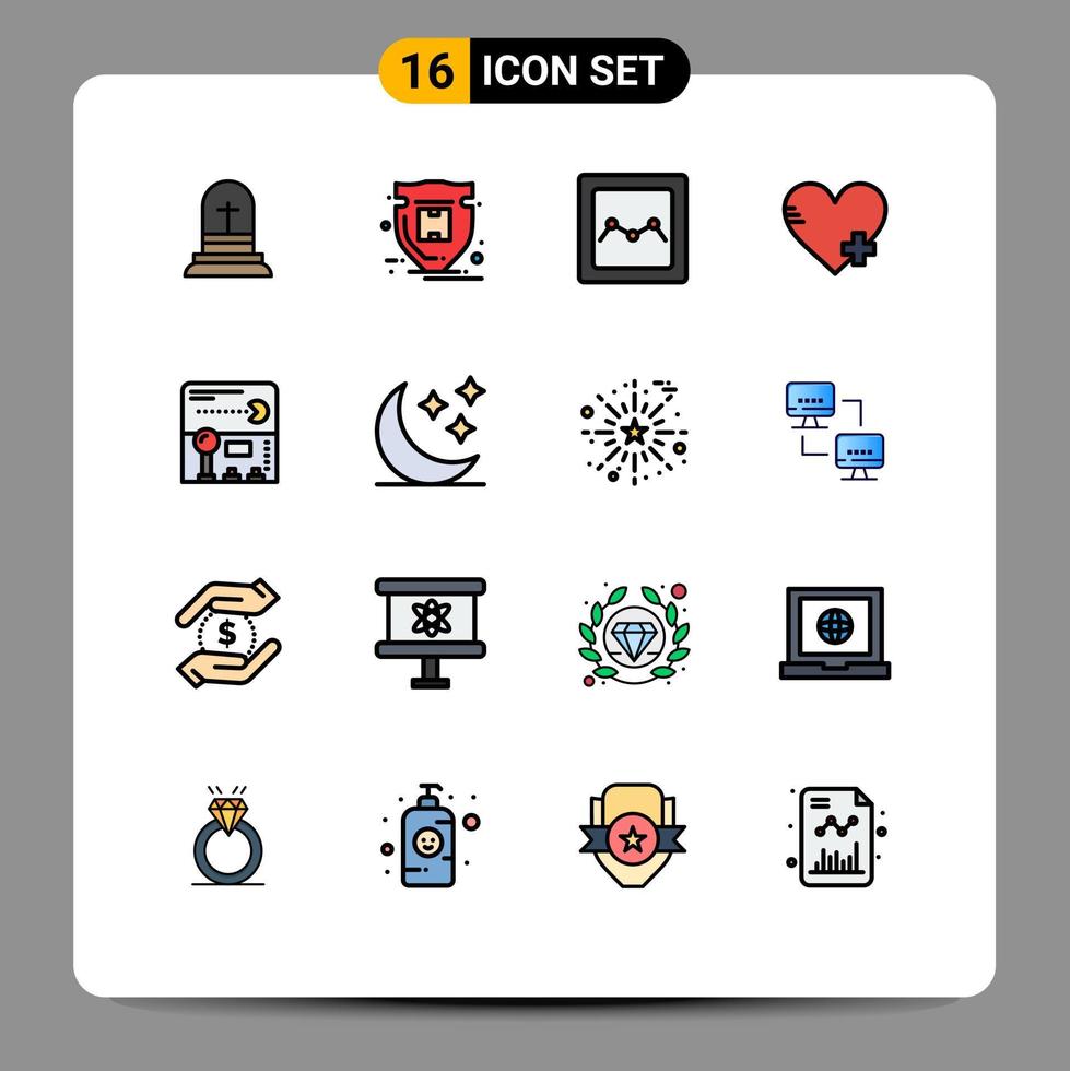 16 User Interface Flat Color Filled Line Pack of modern Signs and Symbols of game pacman analytics joystick favorite Editable Creative Vector Design Elements