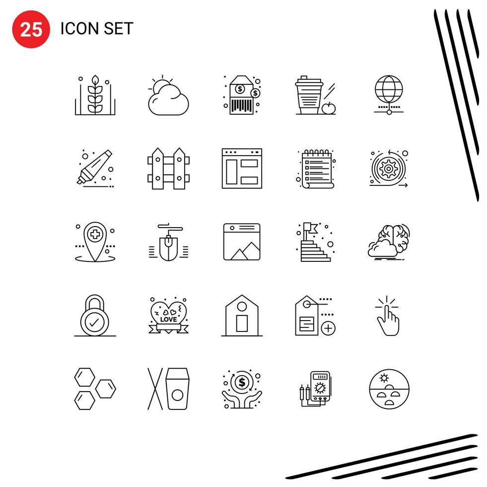 conjunto de 25 iconos de interfaz de usuario modernos símbolos signos para globo bebida sol manzana café elementos de diseño vectorial editables vector