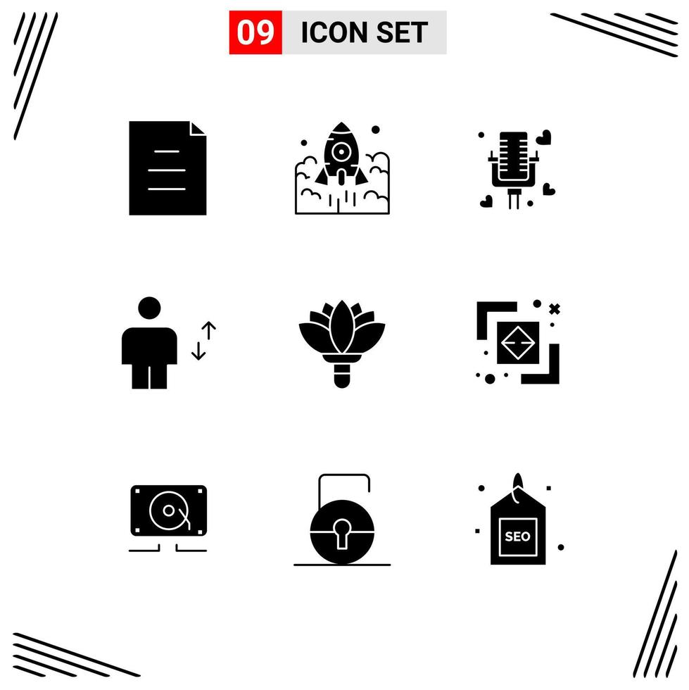 9 Universal Solid Glyphs Set for Web and Mobile Applications move elevator spaceship body wedding Editable Vector Design Elements