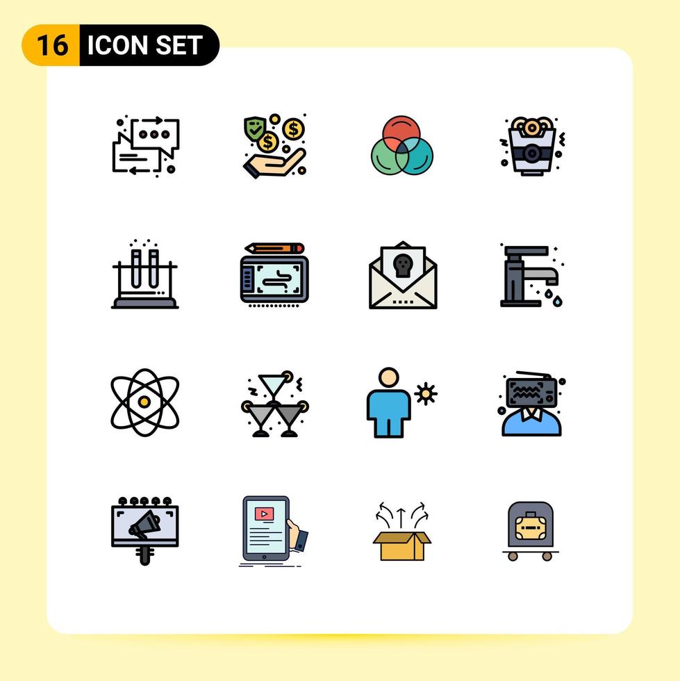 Mobile Interface Flat Color Filled Line Set of 16 Pictograms of science test rgb lab fast food Editable Creative Vector Design Elements