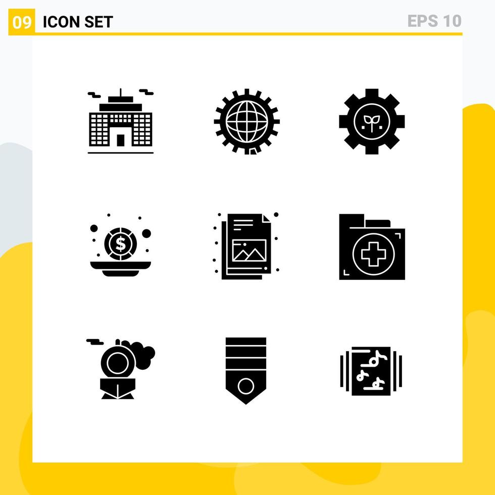 9 Thematic Vector Solid Glyphs and Editable Symbols of file coins environment money budget Editable Vector Design Elements