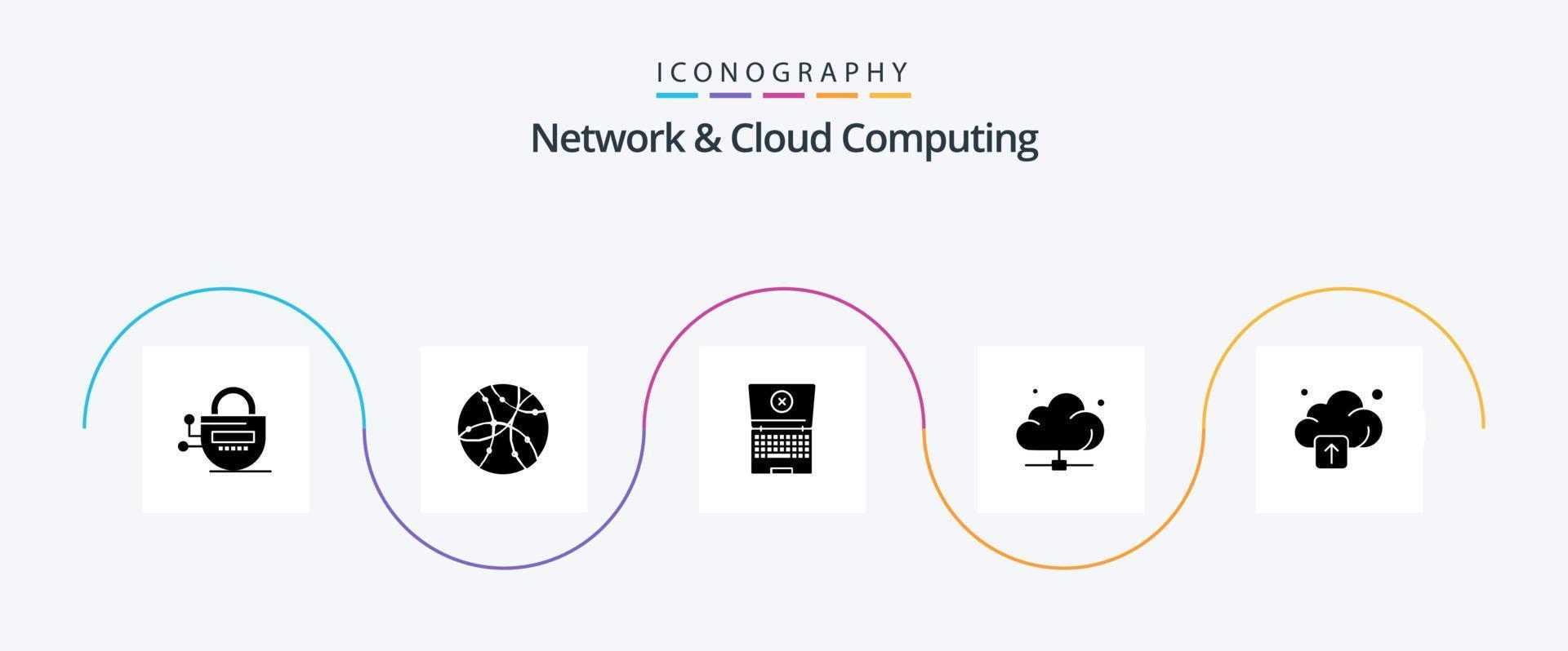 Network And Cloud Computing Glyph 5 Icon Pack Including upload. technology. laptop. server. data vector