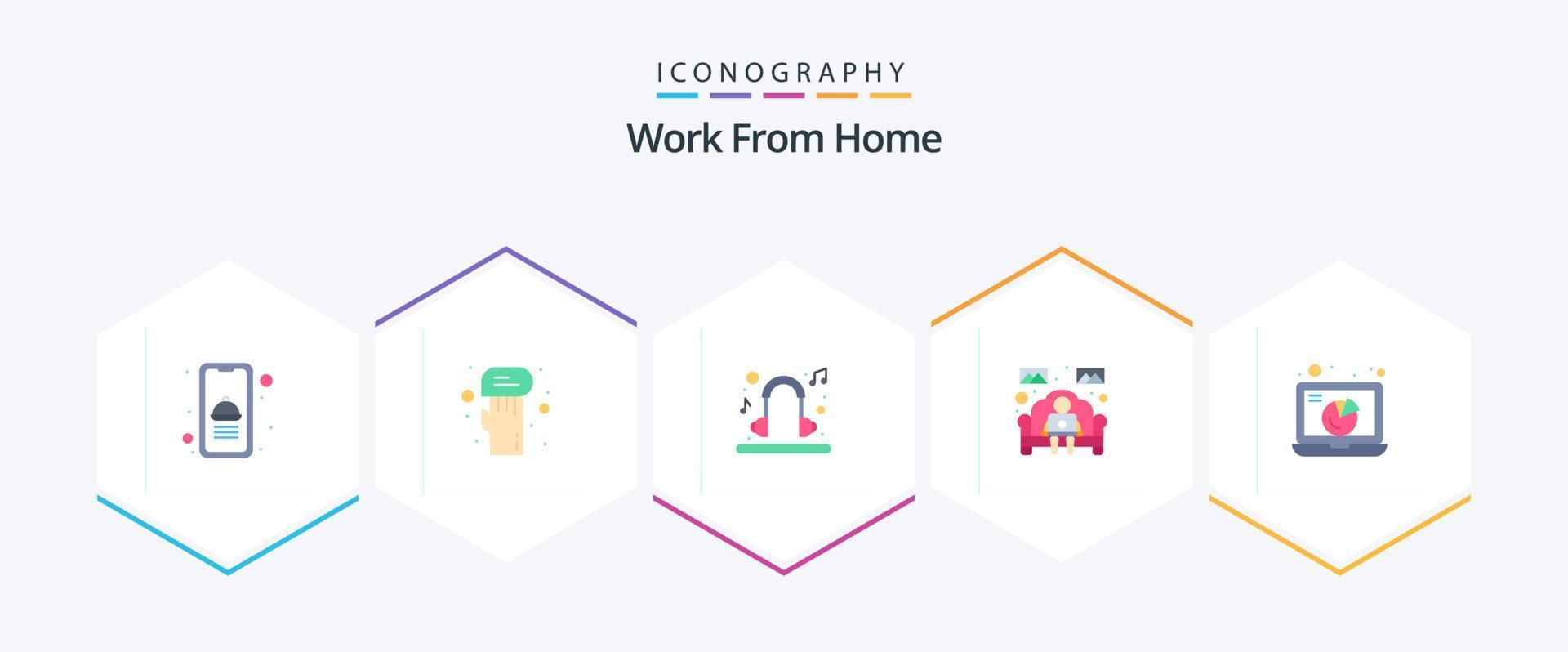 Work From Home 25 Flat icon pack including communication. home work. earphone. worker. sofa vector