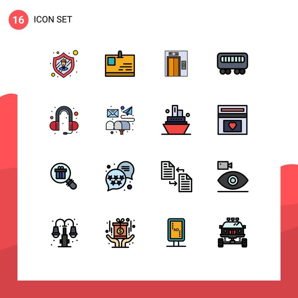 User Interface Pack of 16 Basic Flat Color Filled Lines of email sound building head phone train Editable Creative Vector Design Elements