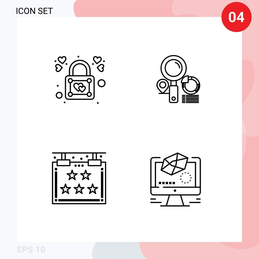 4 Thematic Vector Filledline Flat Colors and Editable Symbols of heart hotel padlock finder star Editable Vector Design Elements