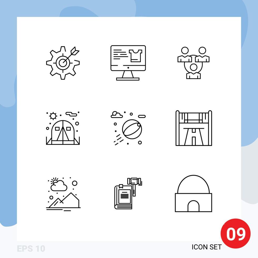 Mobile Interface Outline Set of 9 Pictograms of water tent shopping chair communication Editable Vector Design Elements