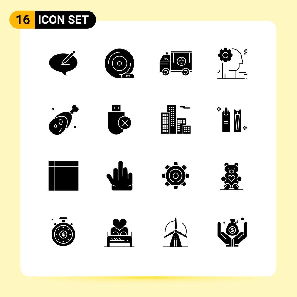 Universal Icon Symbols Group of 16 Modern Solid Glyphs of business brain peripheral device van medical Editable Vector Design Elements