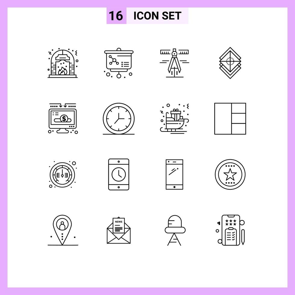 grupo de símbolos de iconos universales de 16 contornos modernos de capas de calibradores de pila de caridad que organizan elementos de diseño vectorial editables vector