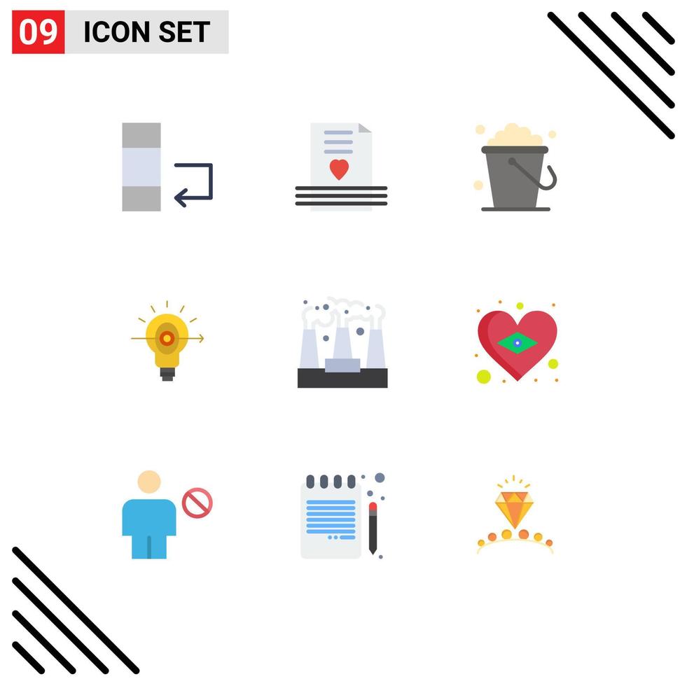 conjunto de 9 iconos de interfaz de usuario modernos símbolos signos para elementos de diseño vectorial editables de bulbo de enfoque de cubo de negocio de contaminación vector