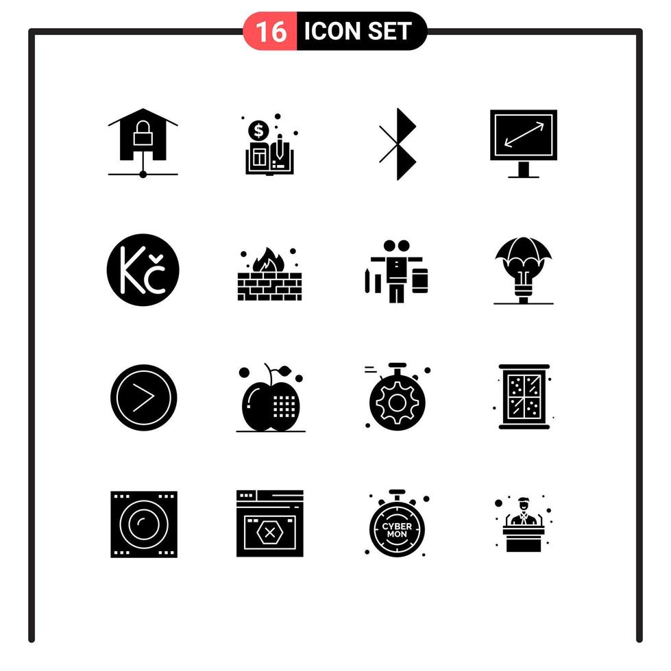 Modern Set of 16 Solid Glyphs Pictograph of antivirus coin bluetooth koruna display Editable Vector Design Elements