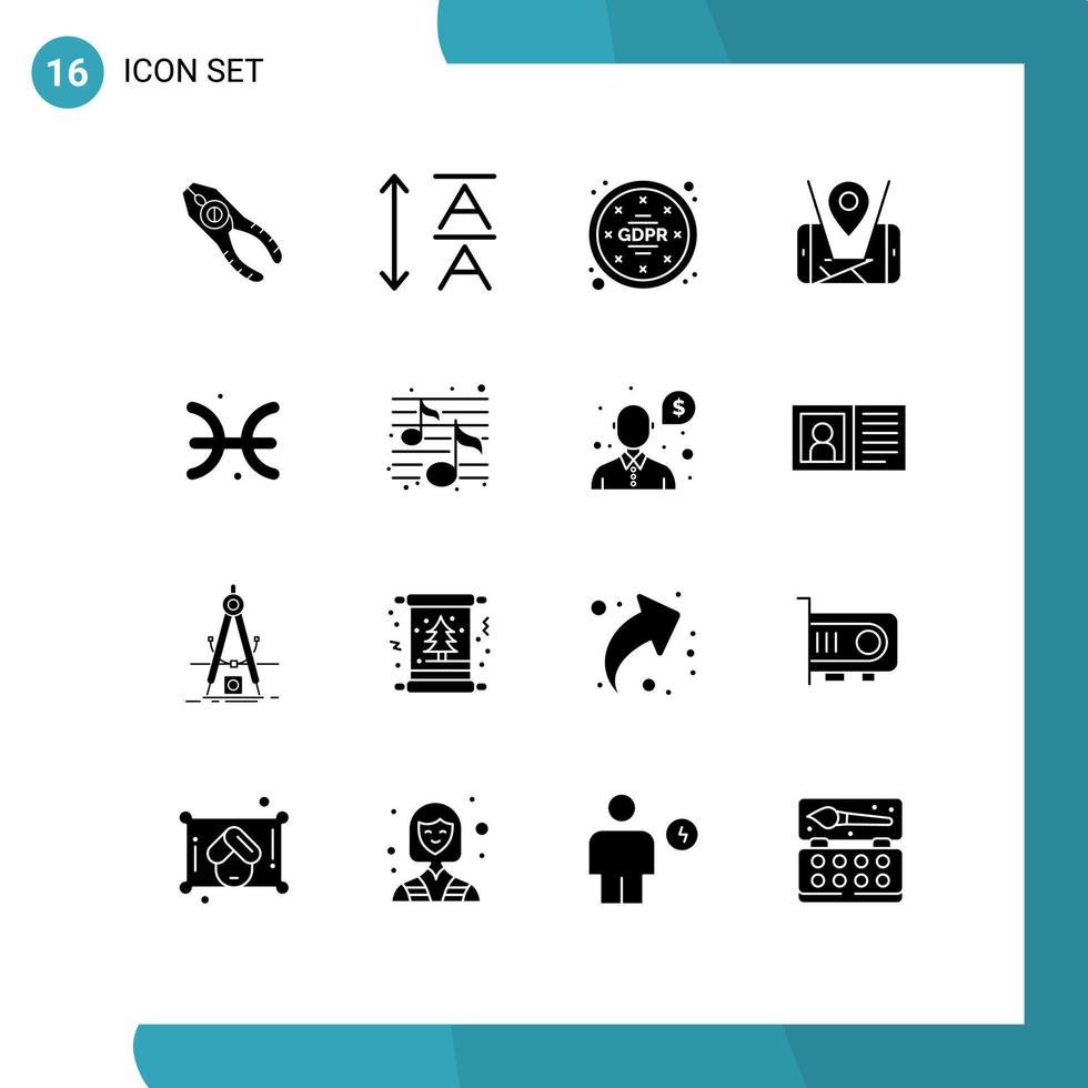 Group of 16 Solid Glyphs Signs and Symbols for pisces astrology privacy technology mobile Editable Vector Design Elements