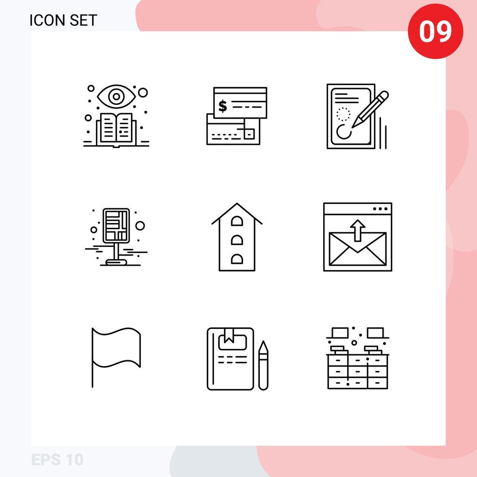 Mobile Interface Outline Set of 9 Pictograms of streets map edit destination drawing Editable Vector Design Elements