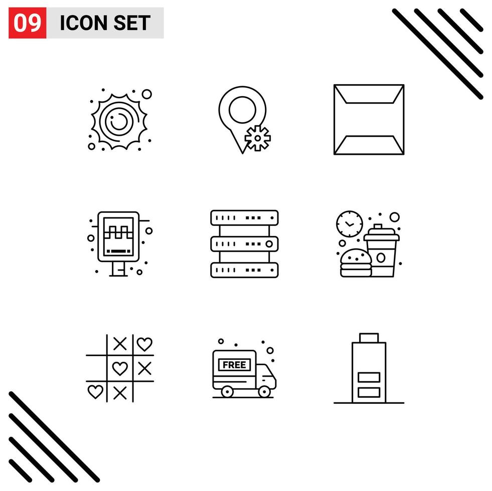 Group of 9 Outlines Signs and Symbols for storage hosting envelope database station Editable Vector Design Elements