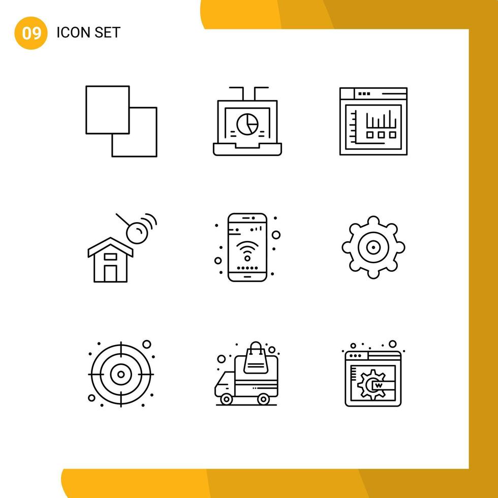 Pack of 9 Modern Outlines Signs and Symbols for Web Print Media such as mobile search browser house city Editable Vector Design Elements