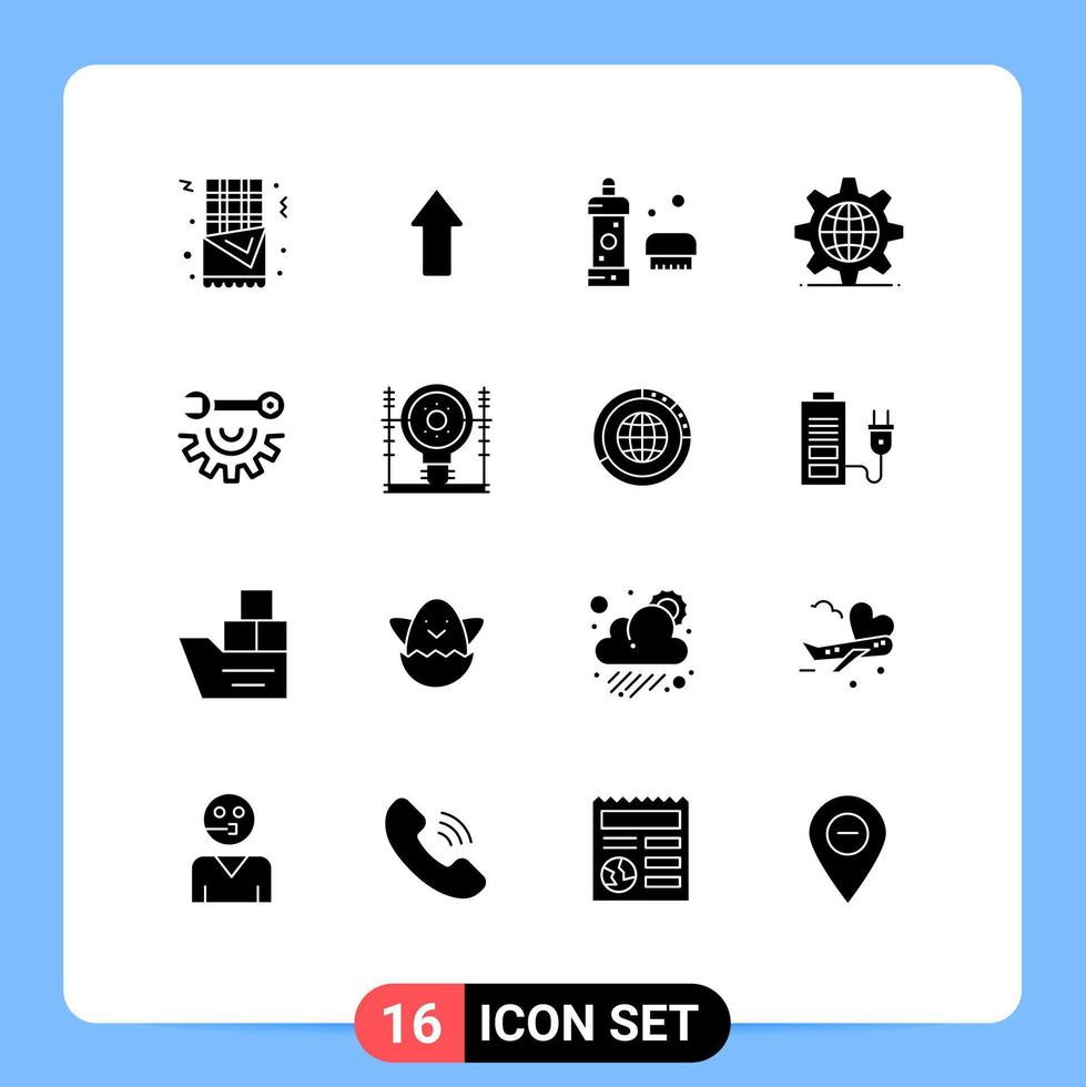Modern Set of 16 Solid Glyphs Pictograph of garage tools setting bathroom server gear Editable Vector Design Elements