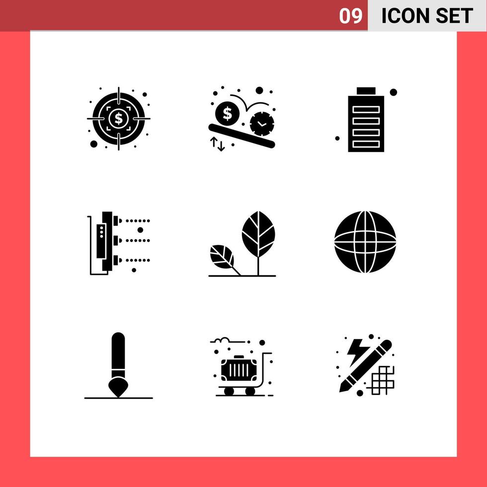 Group of 9 Solid Glyphs Signs and Symbols for earth machine battery printing status Editable Vector Design Elements