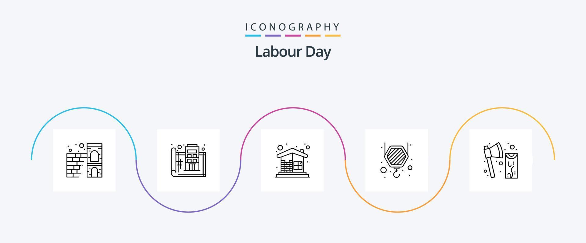 Labour Day Line 5 Icon Pack Including axe. crane. print. construction. home vector