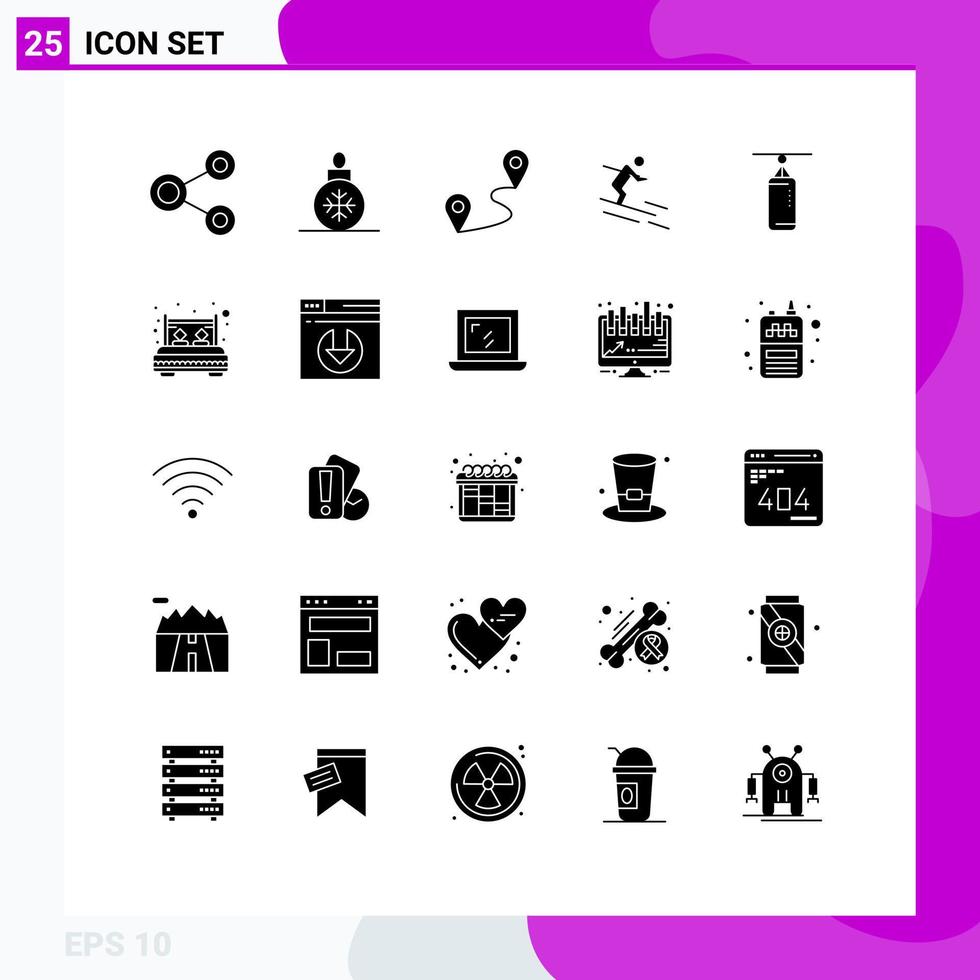 User Interface Pack of 25 Basic Solid Glyphs of boxing sportsman decoration skiing activity Editable Vector Design Elements