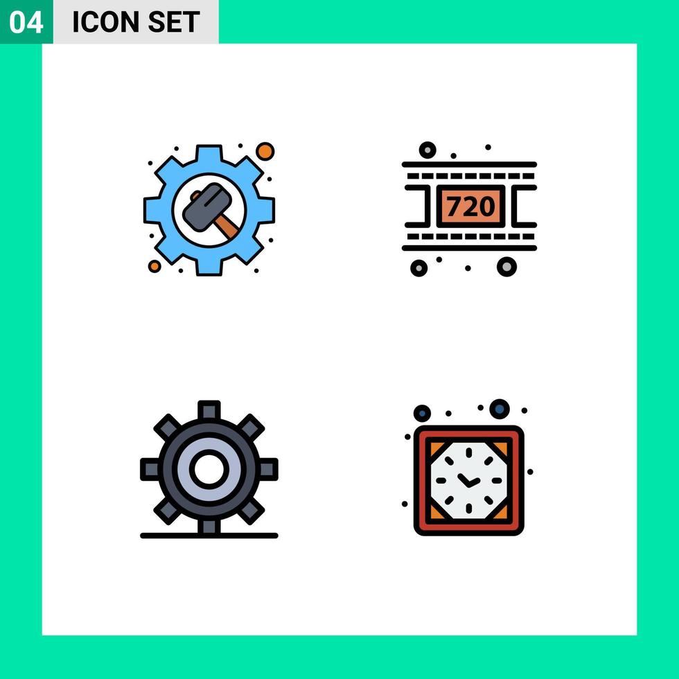 Pack of 4 Modern Filledline Flat Colors Signs and Symbols for Web Print Media such as gear development settings video programing Editable Vector Design Elements