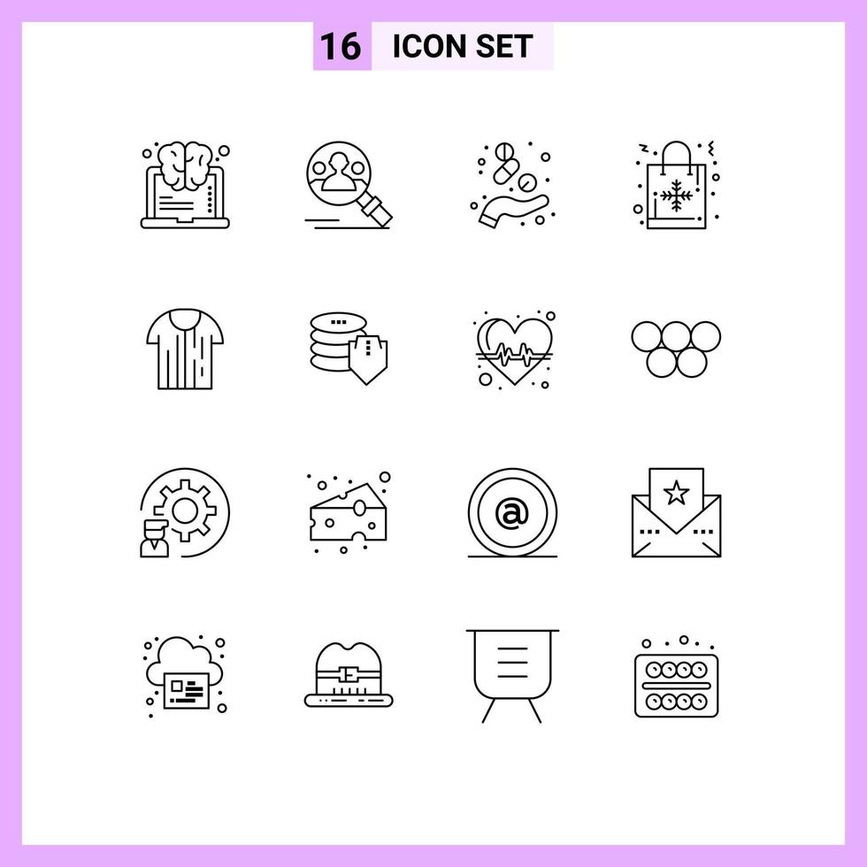 Modern Set of 16 Outlines Pictograph of shirt gift capsule christmas bag medicine Editable Vector Design Elements