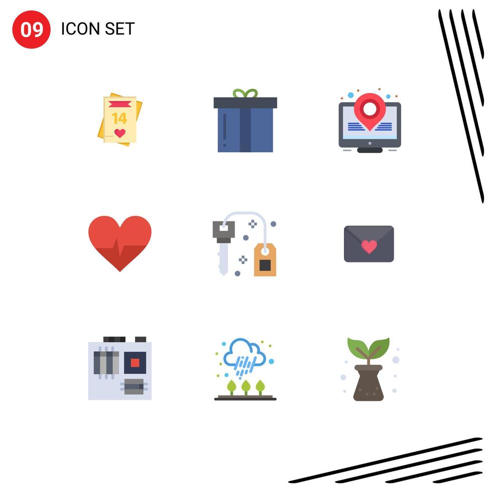 Modern Set of 9 Flat Colors Pictograph of key science present heart place holder Editable Vector Design Elements