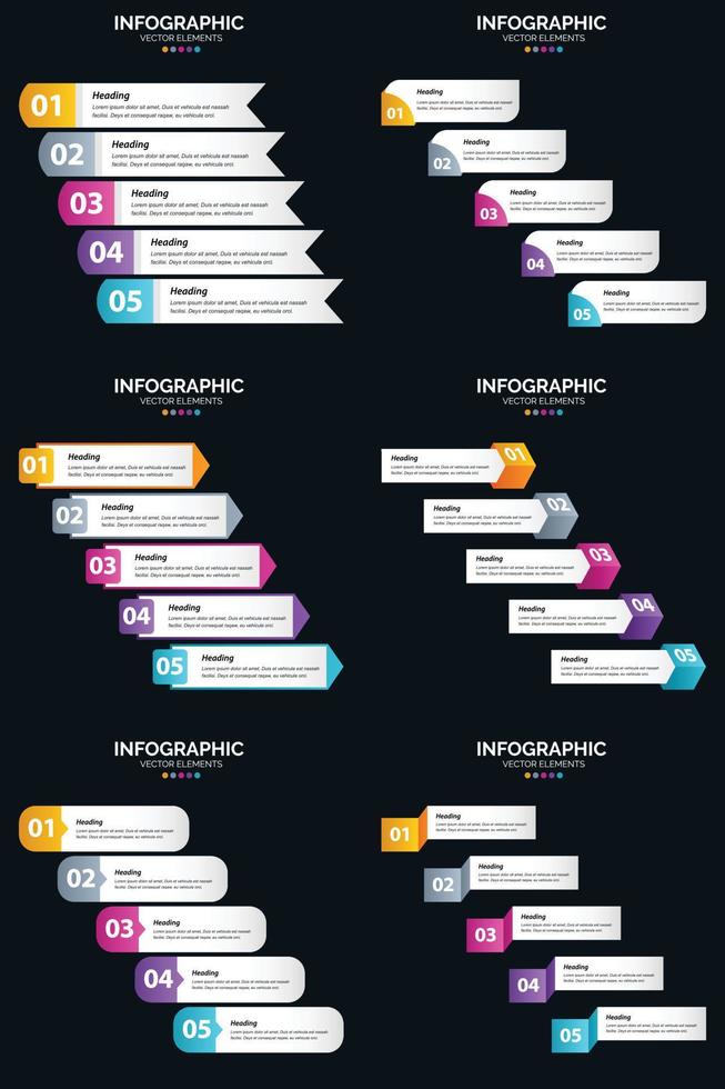 Vector 6 Infographics Pack Presentation slide template 5 Steps cycle diagrams and timelines
