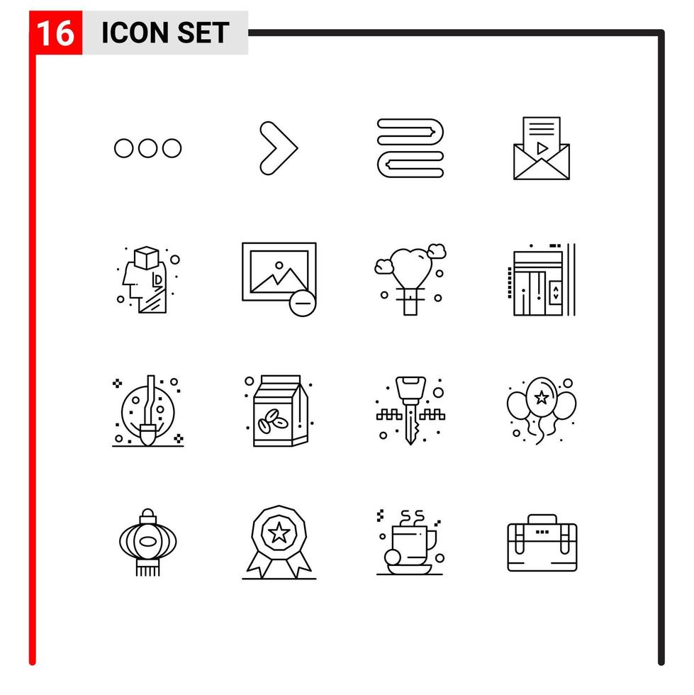 Modern Set of 16 Outlines and symbols such as design brain clean video player message Editable Vector Design Elements