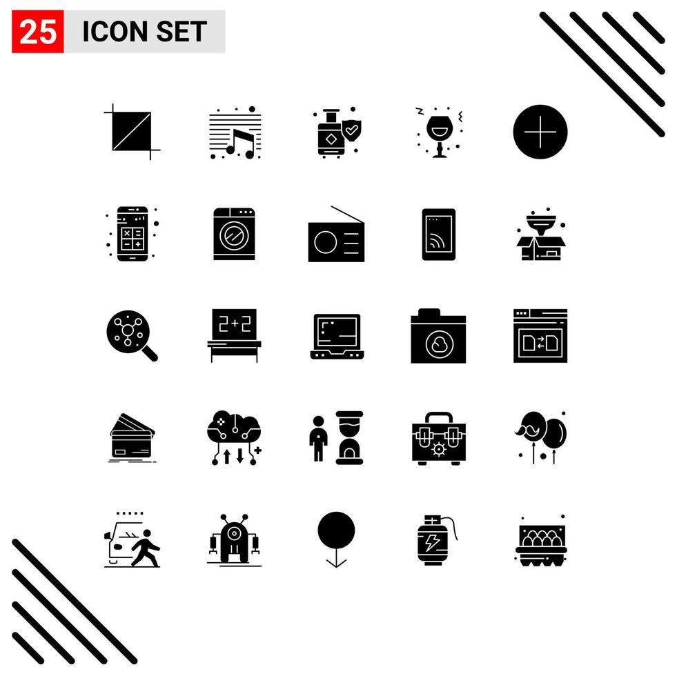 Universal Icon Symbols Group of 25 Modern Solid Glyphs of add night insurance celebration wine Editable Vector Design Elements