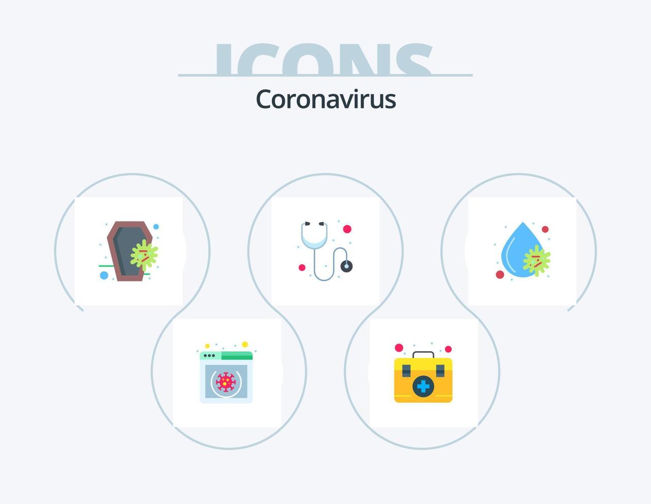 paquete de iconos planos coronavirus 5 diseño de iconos. virus de la sangre estetoscopio. ataúd. médico. cráneo vector