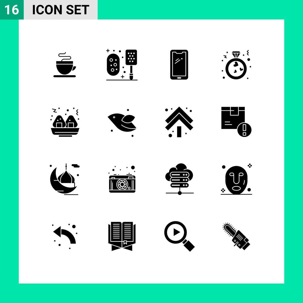 16 Universal Solid Glyphs Set for Web and Mobile Applications fast proposal smart phone ring heart Editable Vector Design Elements