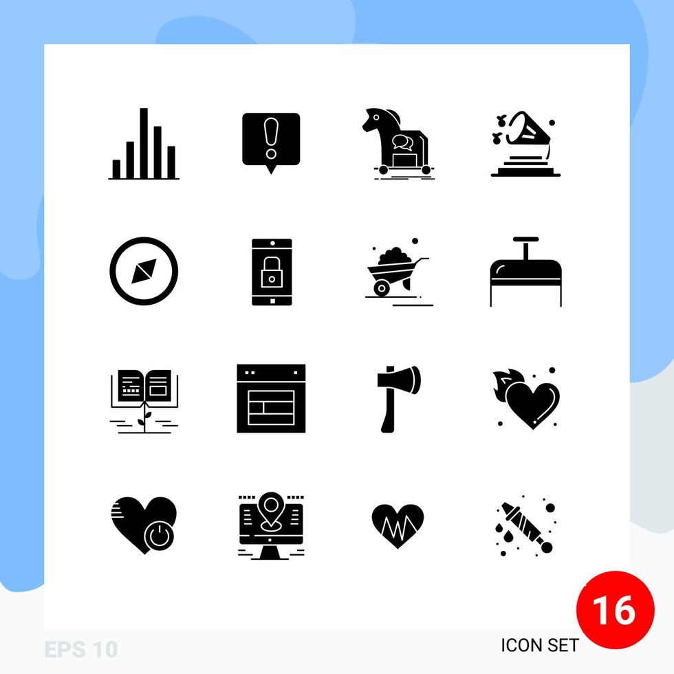 Pack of 16 creative Solid Glyphs of lock compass internet volume sound Editable Vector Design Elements
