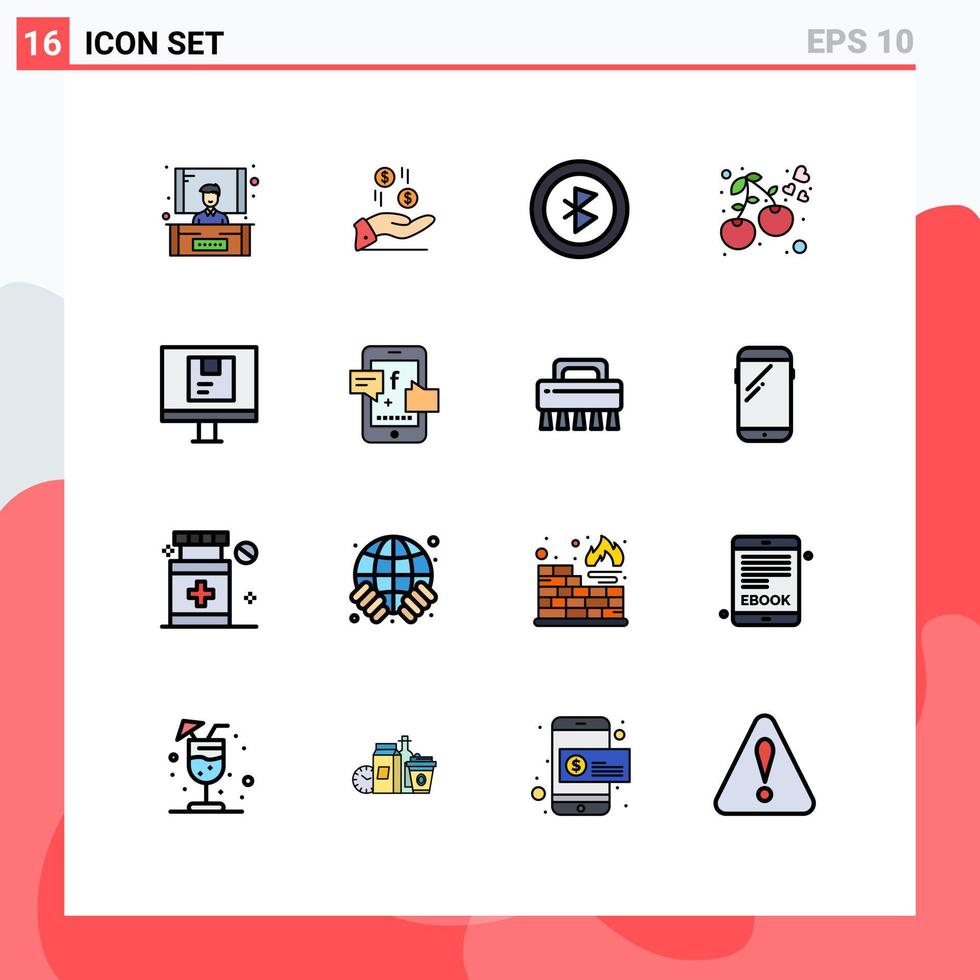 Pack of 16 Modern Flat Color Filled Lines Signs and Symbols for Web Print Media such as logistic computer bluetooth food berry Editable Creative Vector Design Elements