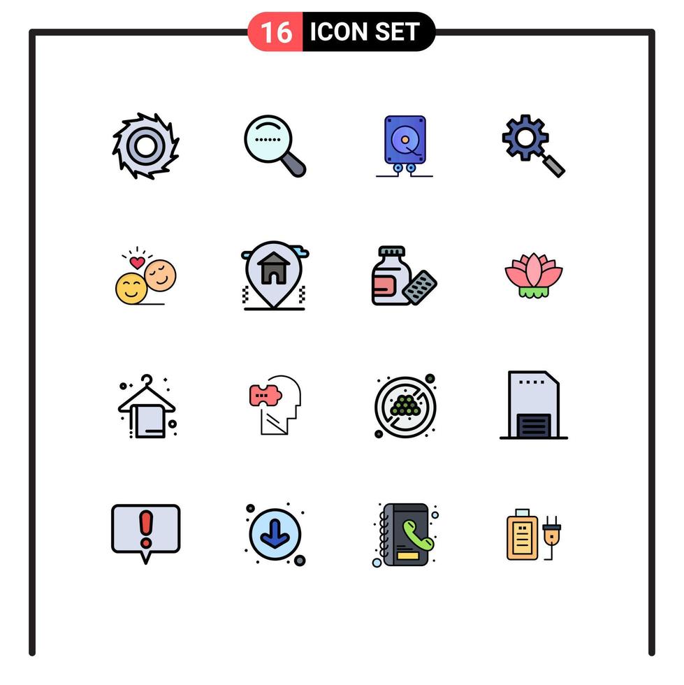 Pack of 16 creative Flat Color Filled Lines of emoji avatar computing couple gear Editable Creative Vector Design Elements