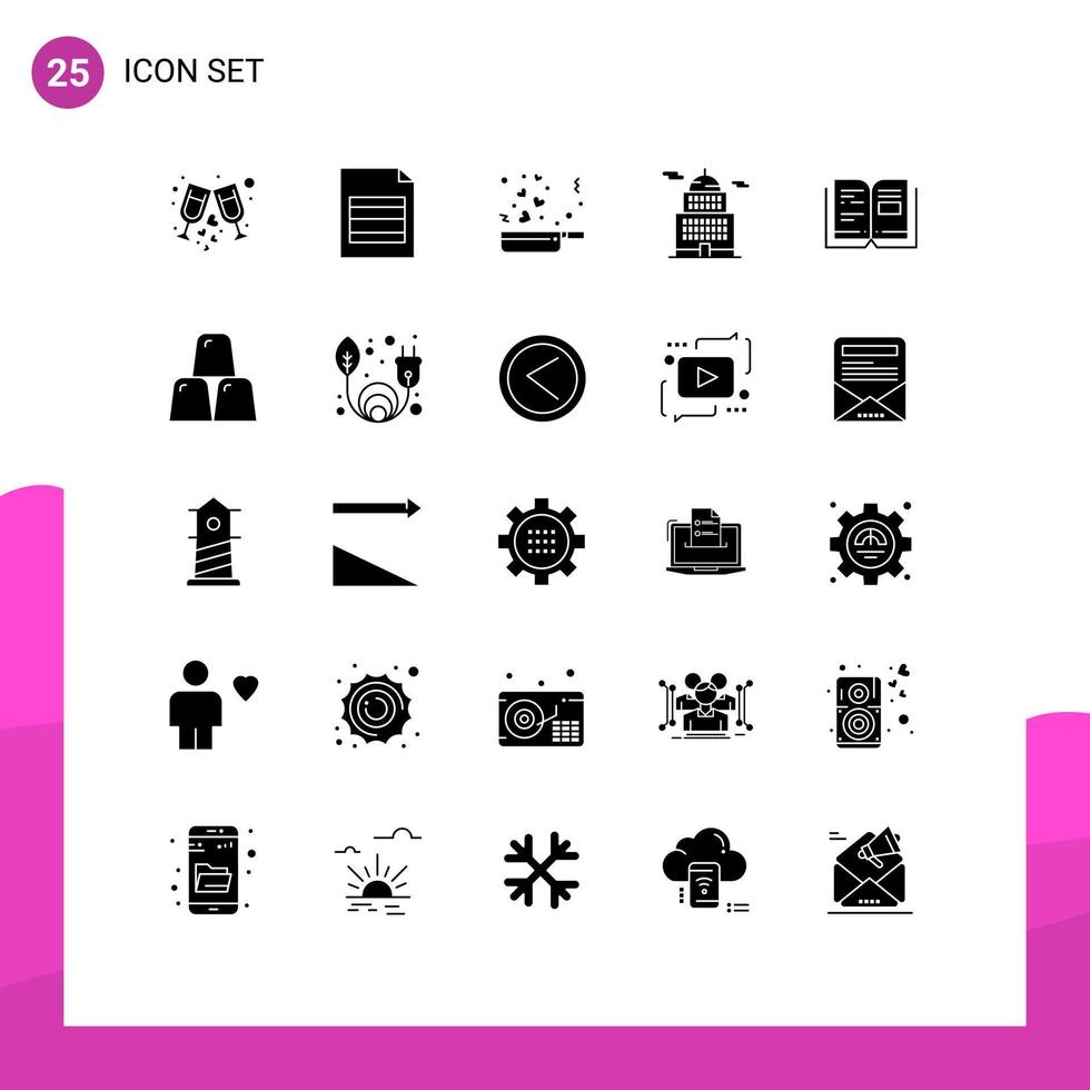 Pack of 25 creative Solid Glyphs of knowledge book food museum building Editable Vector Design Elements