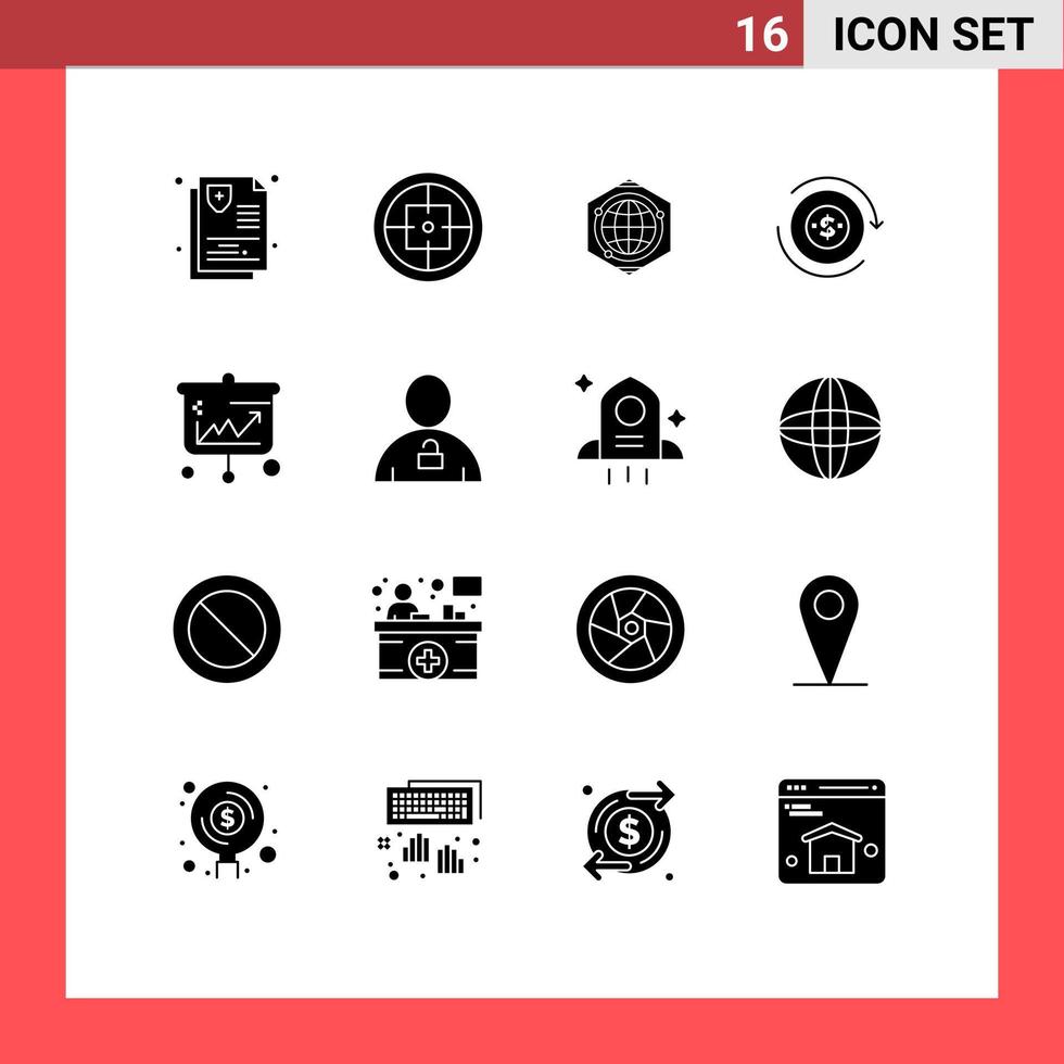 Mobile Interface Solid Glyph Set of 16 Pictograms of projector transaction target flow idea Editable Vector Design Elements