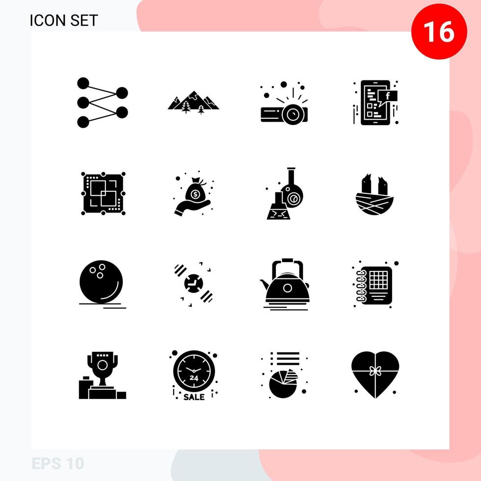 User Interface Pack of 16 Basic Solid Glyphs of intersect divide device mobile social Editable Vector Design Elements