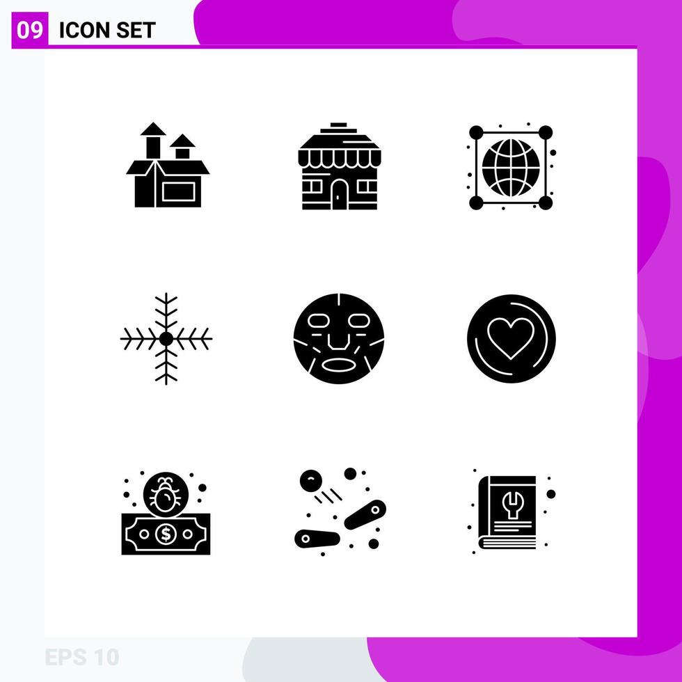 Group of 9 Modern Solid Glyphs Set for face beauty globe winter holiday Editable Vector Design Elements