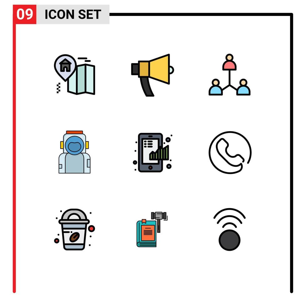 Group of 9 Filledline Flat Colors Signs and Symbols for business helmet group spaceman astronaut Editable Vector Design Elements