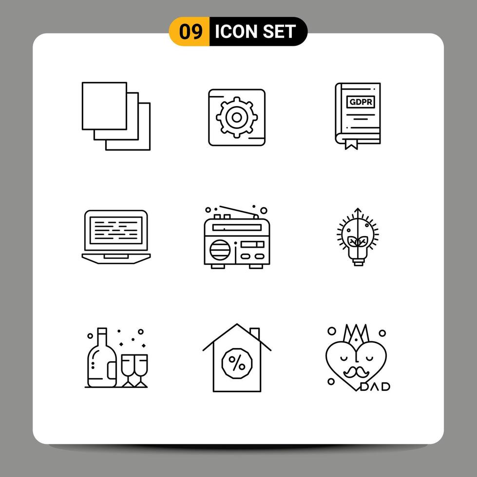 Group of 9 Outlines Signs and Symbols for news computer gdpr screen coding Editable Vector Design Elements