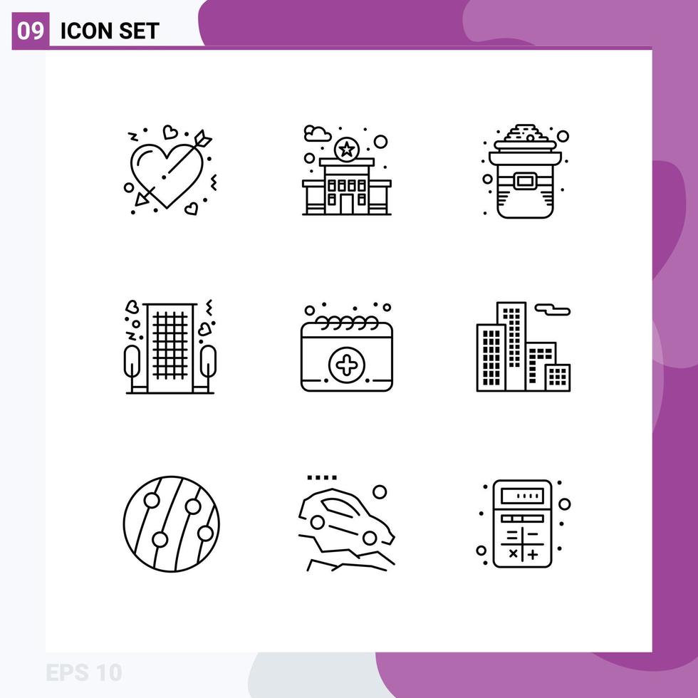Group of 9 Modern Outlines Set for appointment romance day love heart Editable Vector Design Elements