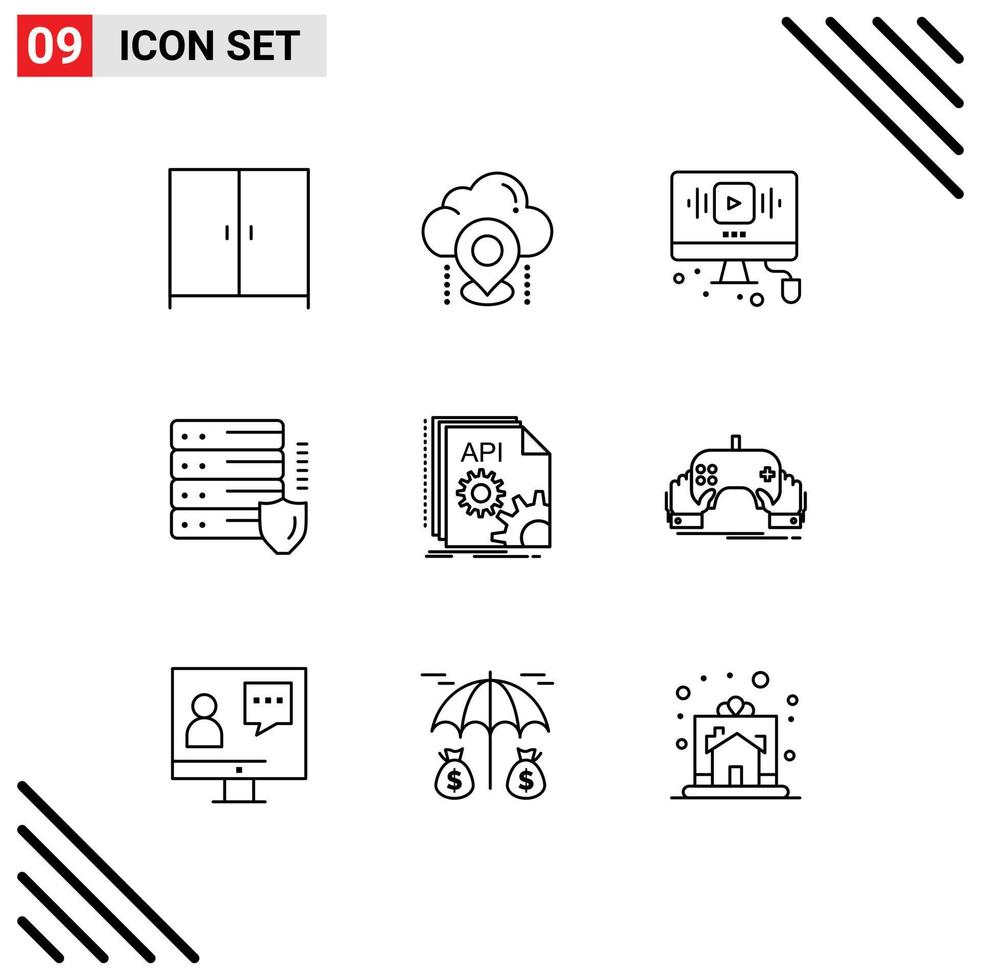 Set of 9 Modern UI Icons Symbols Signs for api protection video network internet Editable Vector Design Elements
