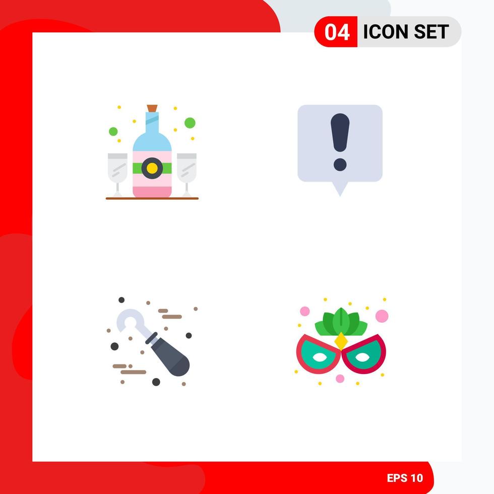 Universal Icon Symbols Group of 4 Modern Flat Icons of bottle stomatology drink exclamation mark carnival mask Editable Vector Design Elements