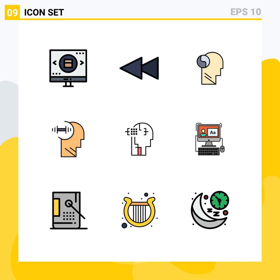 Mobile Interface Filledline Flat Color Set of 9 Pictograms of man artifical brian head brian Editable Vector Design Elements
