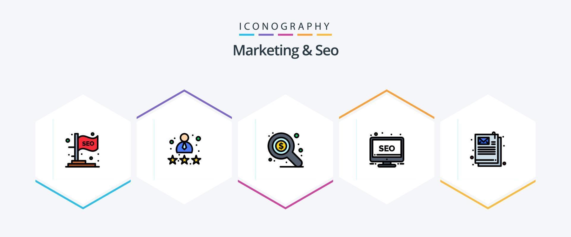 Marketing And Seo 25 FilledLine icon pack including email. monitor. review. screen. desktop vector